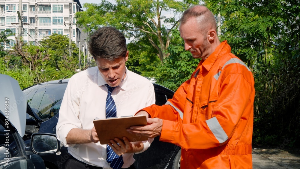 Focused adult male in business shirt and tie examines document with male mechanic in orange workwear, standing by damaged car. Concept of taking care of car insurance after an accident. Focused adult male in business shirt and tie examines document with male mechanic in orange workwear, standing by damaged car. Concept of taking care of car insurance after an accident.
