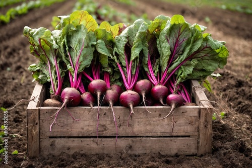 Organic beets in a wooden box on the field. Concept organic, local, seasonal vegetables and harvesting.