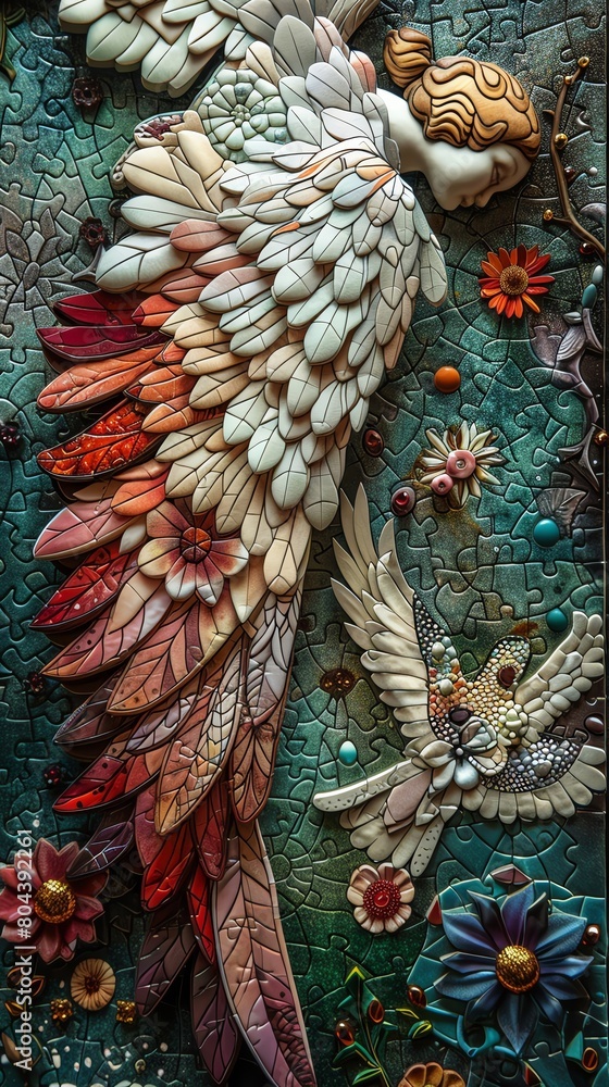 A fantasy creation where angels have wings made of flowershaped puzzle pieces A fantasy creation where angels have wings made of flowershaped puzzle pieces