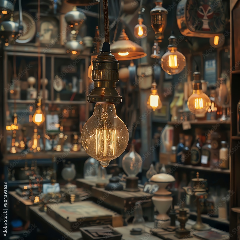 A nostalgic portrayal of an antique shop where touching a light bulb reveals historical passwords and secrets A nostalgic portrayal of an antique shop where touching a light bulb reveals historical passwords and secrets