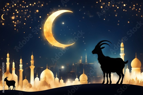 Goat silhouette against mosque. Eid Al Adha Mubarak the celebration of Muslim