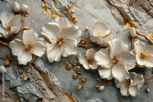 3D relief of white flowers on light blue marble, with golden edges and detailed textures. Created with AI © studio