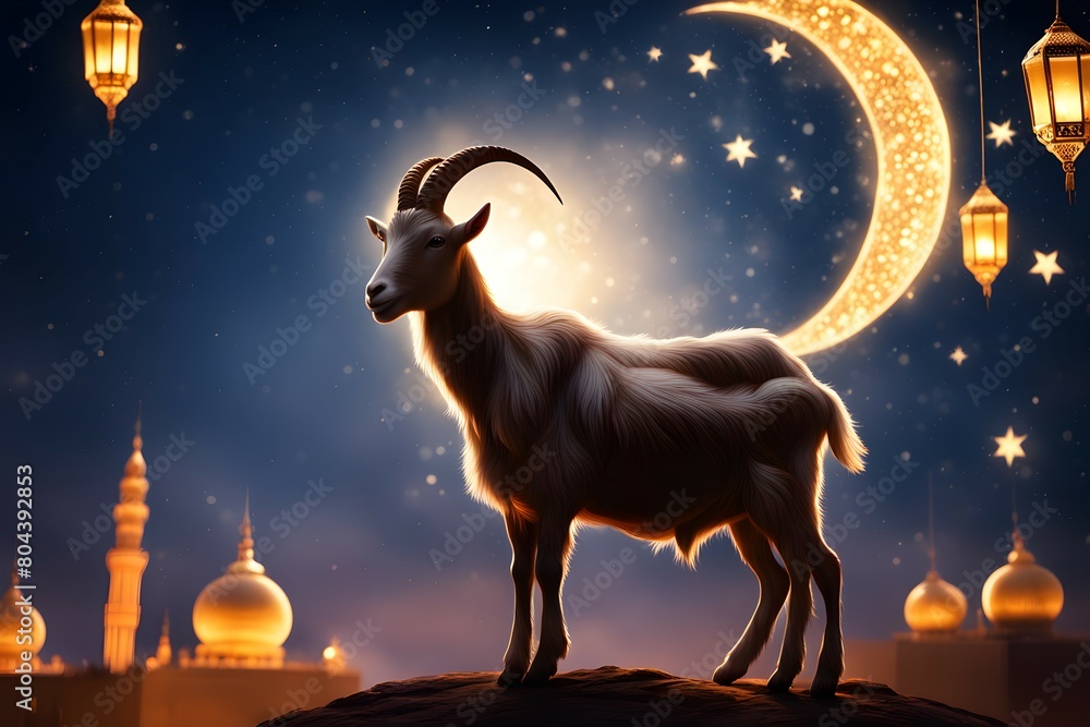 Goat silhouette against mosque. Eid Al Adha Mubarak the celebration of Muslim Goat silhouette against mosque. Eid Al Adha Mubarak the celebration of Muslim