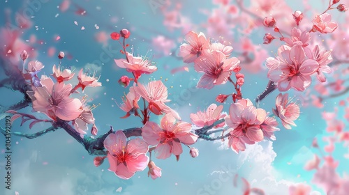 cherry blossom  watercolor style  pastel colors  blue sky background  pink flowers on tree branch  digital art painting  detailed  floral wallpaper