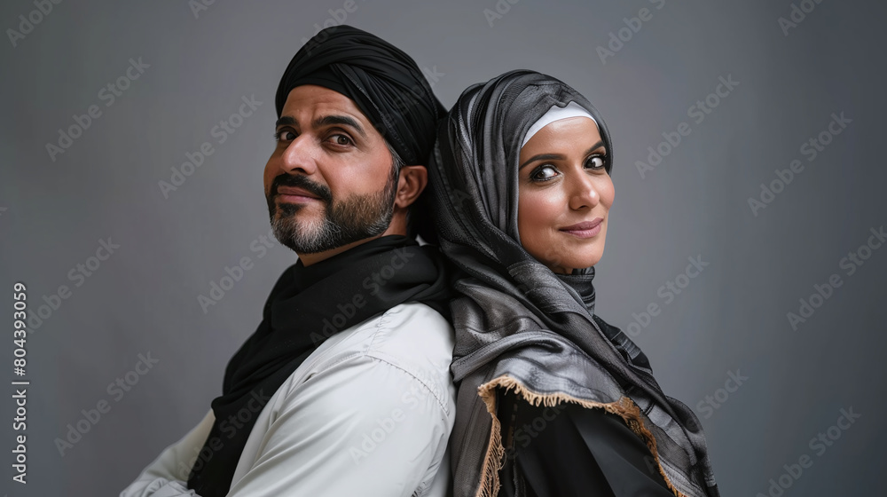 professional studio photography of Middle eastern couple portrait, traditional kandura or hijab clothing