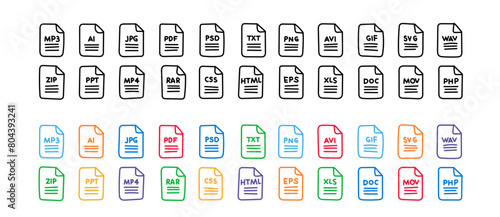 Doodle document file type format icon set in line style. File format extensions simple line color style symbol. Vector illustration.