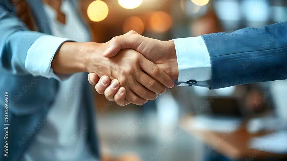 Businesswoman and man shaking hands in office closeup hig. Concept Handshake agreement, Corporate meeting, Successful partnership, Office deal, Team collaboration
