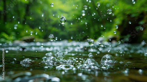 Captivating macro shot of clear raindrops splashing energetically on the surface of a pond  set against a lush forest backdrop.