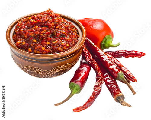 Red hot chili peppers paste in bowl on transparent background