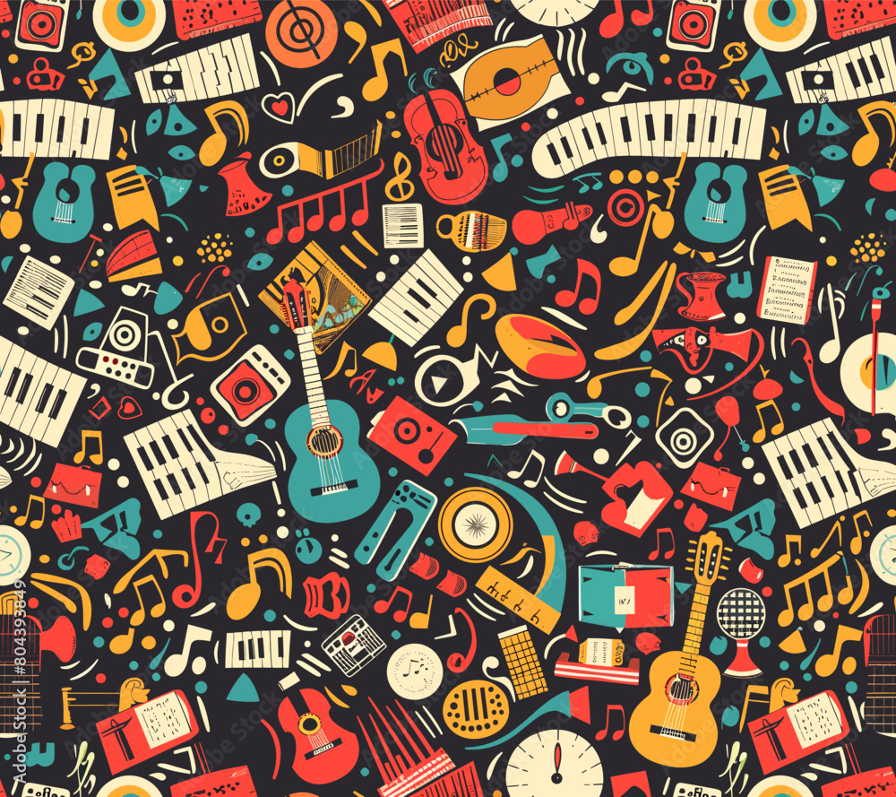 Seamless pattern illustration colorful with music and a variety of instruments.
