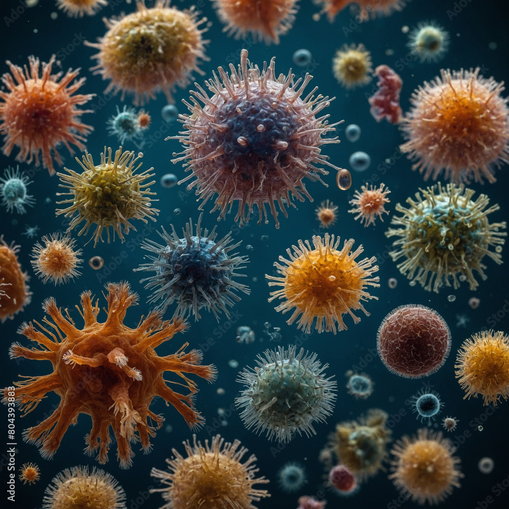 A diverse set of microscopic organisms, each with their own unique shape and color science A diverse set of microscopic organisms, each with their own unique shape and color science