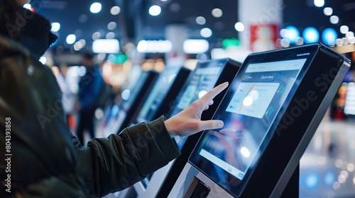 Anonymous customer touching a digital screen at a checkout kiosk with a payment terminal in a retail setting