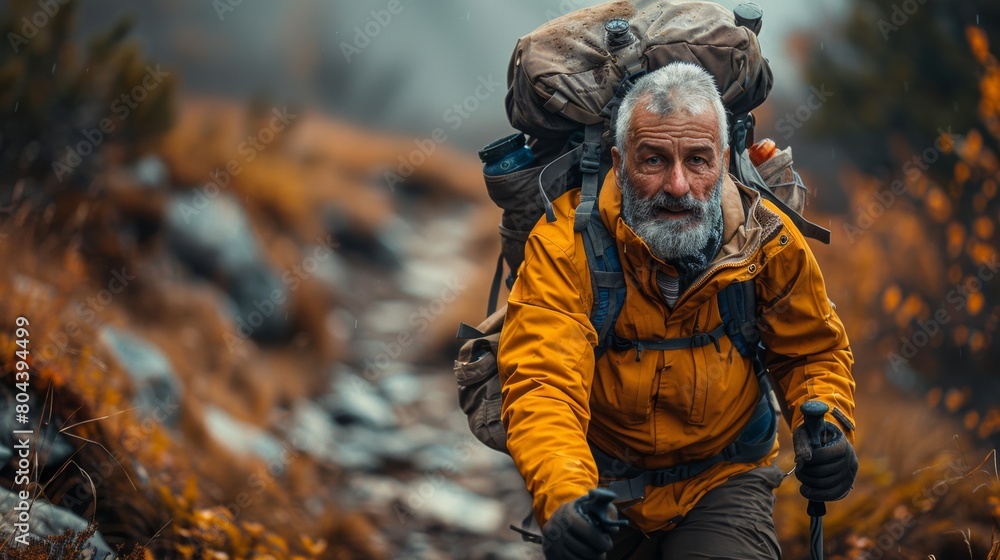Fototapeta premium Elderly athlete navigating through dense foliage on a challenging trail, showcasing resilience and determination in every step.