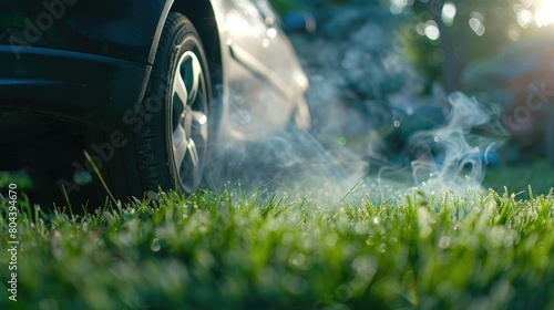 car exhaust smoke on mowed blue lawn, general plan AI generated photo