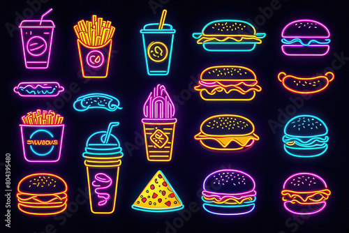 Fast Food neon icons. Food isolated icons, emblem, design template. French fries, Drink, Pizza, Burger, Taco, Shawarma, Hot Dog, Noodles, Donut. Vector Illustration
