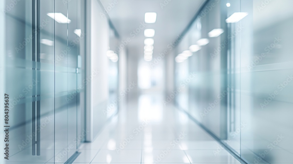 Empty white corridor with glass walls. Blurred motion image in blue and white tones. Medical facility concept. Design for healthcare posters and presentations. Wide angle perspective with copy space. Empty white corridor with glass walls. Blurred motion image in blue and white tones. Medical facility concept. Design for healthcare posters and presentations. Wide angle perspective with copy space.