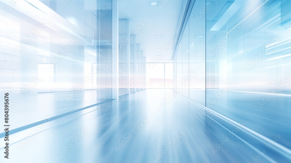 Empty white corridor with glass walls. Blurred motion image in blue and white tones. Medical facility concept. Design for healthcare posters and presentations. Wide angle perspective with copy space. Empty white corridor with glass walls. Blurred motion image in blue and white tones. Medical facility concept. Design for healthcare posters and presentations. Wide angle perspective with copy space.