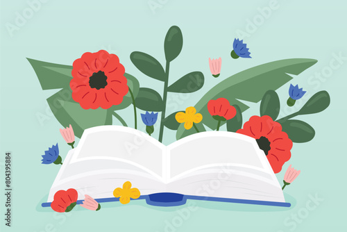 open book with flowers and palm leaves; perfect for book lovers, botanical enthusiasts or literary-themed designs- vector illustration