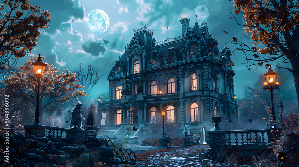 Happy Halloween, Spooky Mansion With Ghosts And Eerie Details, Generative Ai