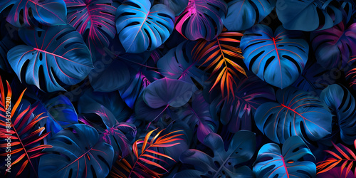 Tropical Leaves in Fluorescent Background  Neon Jungle  Vibrant Tropical Leaves Illuminated in Fluorescent Light  Tropical Glow  Enchanting Fluorescent Leaves Set the Background - Ai Generated