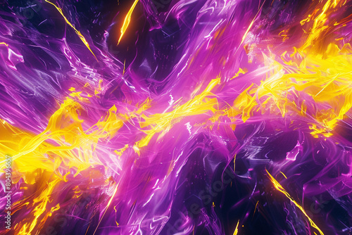 A vibrant clash of electric violet and sharp yellow waves, their energetic meeting producing a stunning visual explosion that resembles a neon light display.