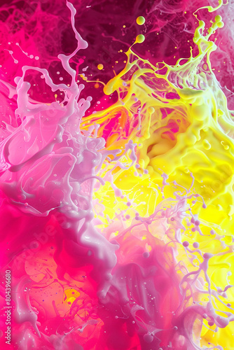 A vibrant clash of neon pink and electric yellow waves, colliding in a lively explosion that mimics the energy and excitement of a summer festival.