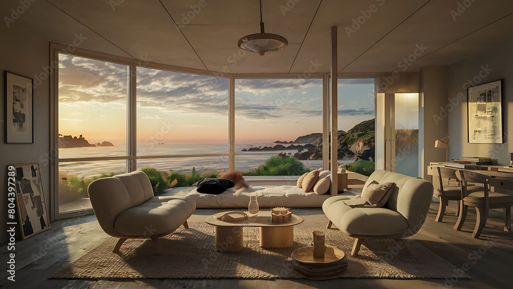 Stylish spacious living room with large panoramic windows