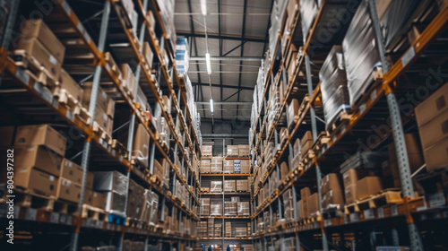A warehouse interior filled with shelves stacked high with boxes and packages illustrating the logistical operations behind e-commerce fulfillment and distribution.
