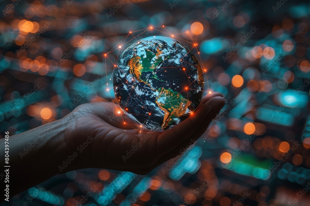 Fototapeta premium Silhouette of a hand holding a flying earth, adorned with intricate network connections, symbolizing global communication against a captivating starry sky background.