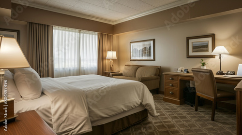 A well-appointed hotel room with a comfortable bed desk and modern amenities inviting business travelers to relax and recharge during their trip. © rojar deved