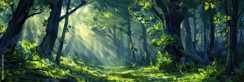 Sunlight filters through forest trees, illuminating the natural landscape