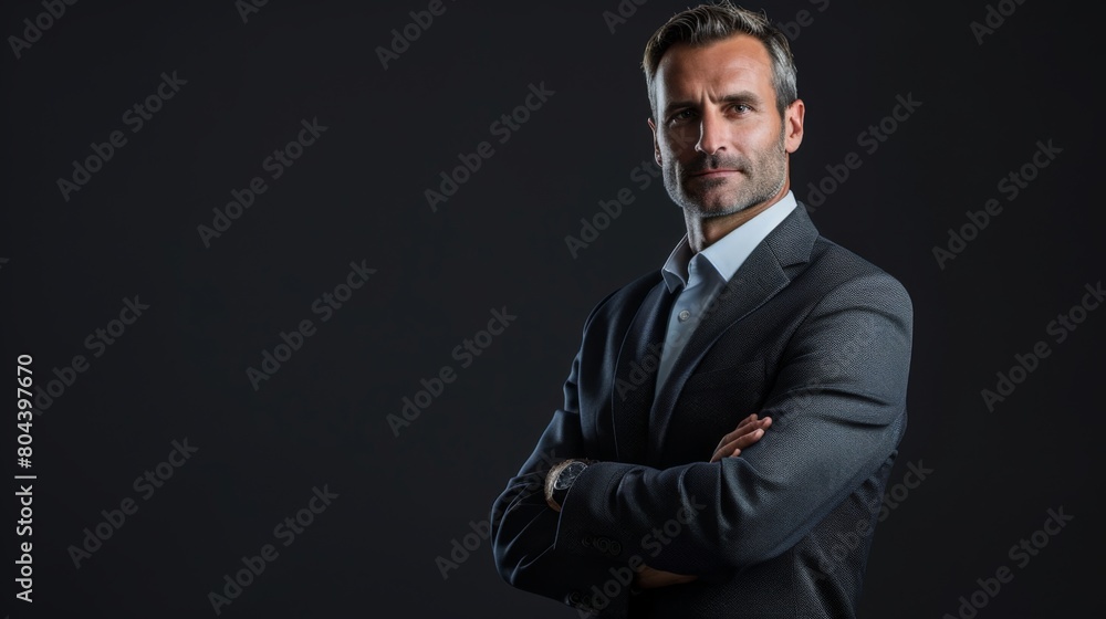 Posture of a successful businessman, his folded hands on a black background Posture of a successful businessman, his folded hands on a black background
