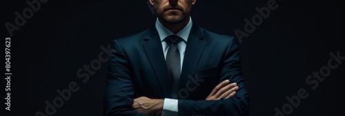 Posture of a successful businessman, his folded hands on a black background