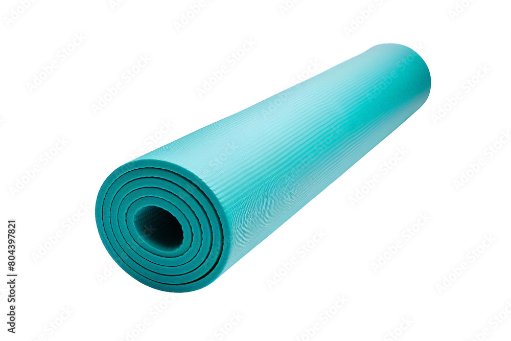 Rolled up blue yoga mat on white background Rolled up blue yoga mat on white background
