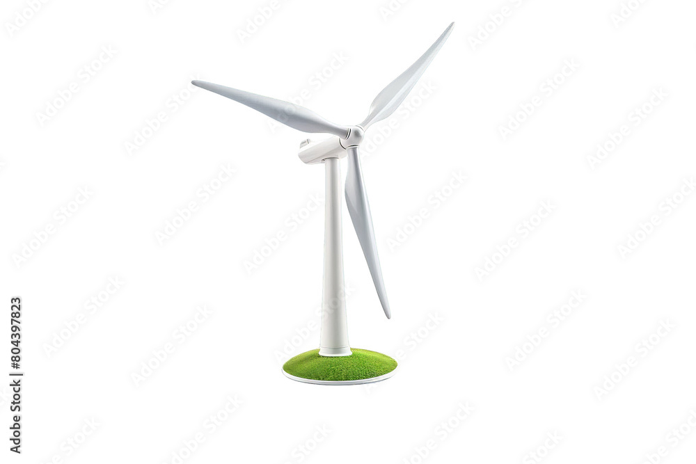 The image shows a cartoon image of a wind turbine. The turbine is white and has three blades. It is mounted on a green platform. The background is transparent. The image shows a cartoon image of a wind turbine. The turbine is white and has three blades. It is mounted on a green platform. The background is transparent.