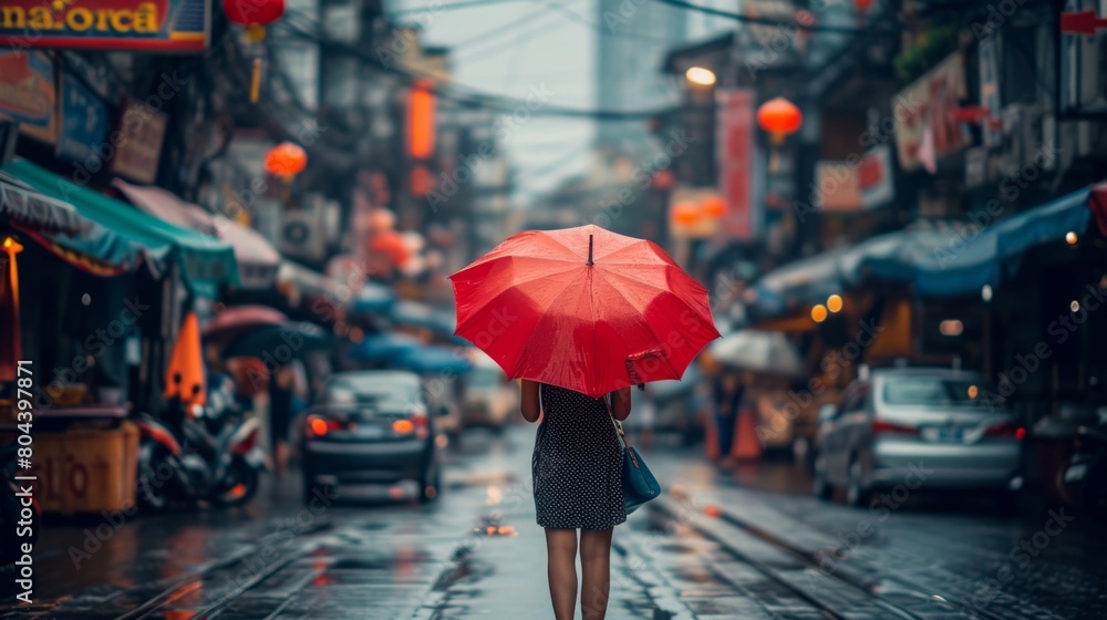 Thai woman walks with a red umbrella, beautifully contrasting with the bustling street
