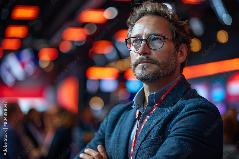 A high-energy automotive conference, dynamic speaker on stage with a captivated audience, networking in action in the foreground A high-energy automotive conference, dynamic speaker on stage with a captivated audience, networking in action in the foreground