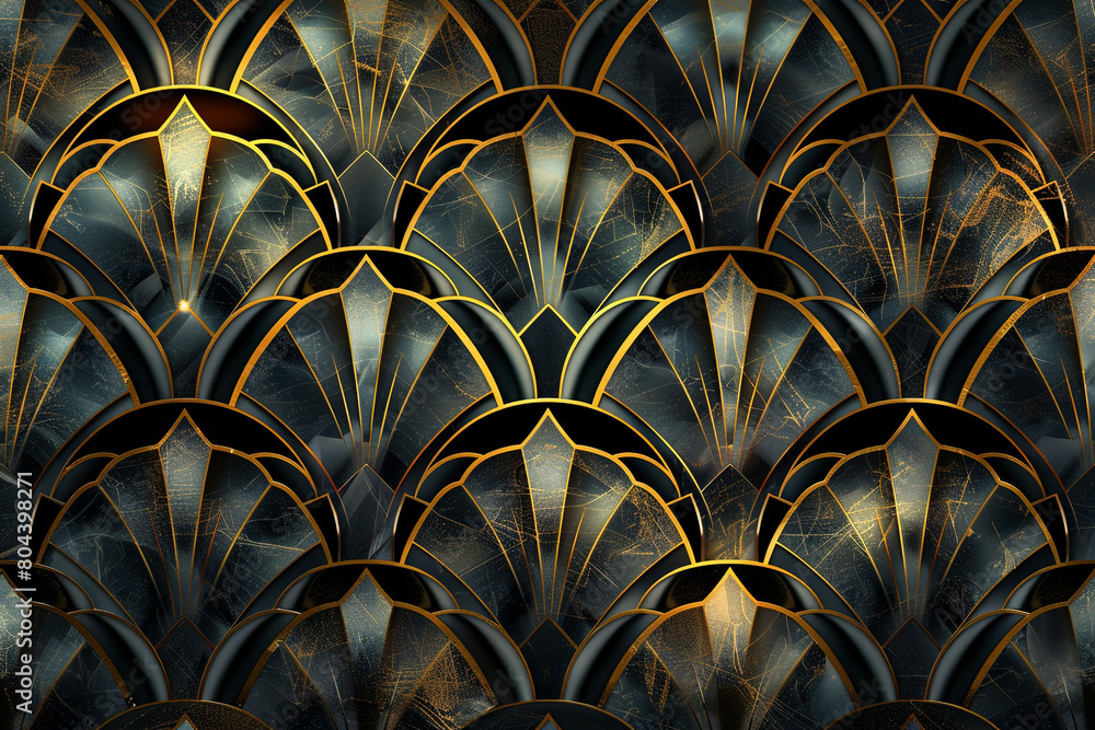 An art deco background with symmetrical fan patterns in glossy black and metallic gold, reminiscent of the roaring twenties. An art deco background with symmetrical fan patterns in glossy black and metallic gold, reminiscent of the roaring twenties.
