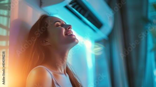 Blissful face of a woman feeling the refreshing breeze from the air conditioner photo