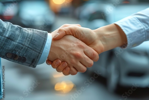 Close-up of a business handshake at a car dealership, focus on hands with a blurred background of premium cars photo