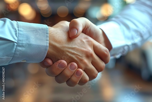 Close-up of a business handshake at a car dealership, focus on hands with a blurred background of premium cars
