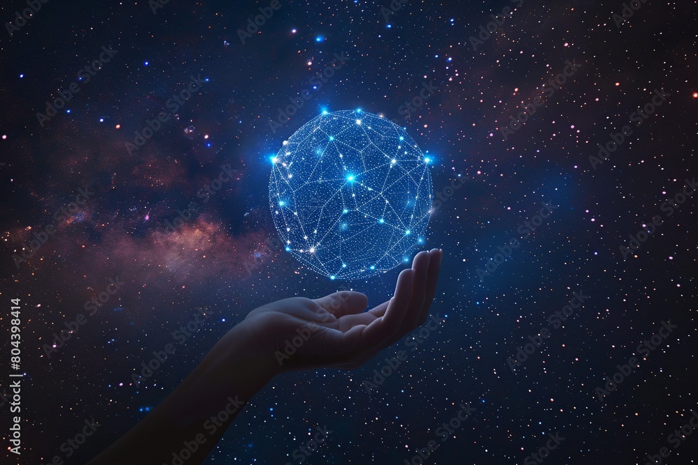 Silhouette of a hand holding a flying earth, adorned with intricate network connections, symbolizing global communication against a captivating starry sky background. Silhouette of a hand holding a flying earth, adorned with intricate network connections, symbolizing global communication against a captivating starry sky background.