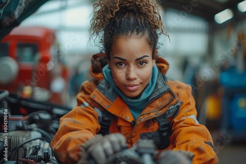 Female mechanic working under hood of a hybrid car, garage setting with tools and car parts, confident posture, wearing a jumpsuit and holding a wrench