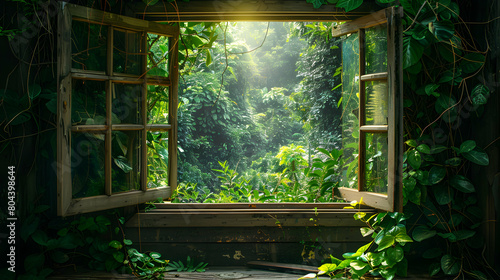 Tranquil Forest View Through Window - Ideal for Eco Tourism and Nature Retreats in Relaxation Area - Stock Photo Concept