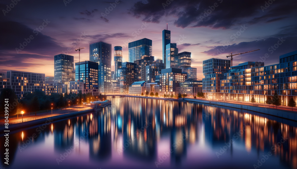 Fototapeta premium Cosmopolitan Dusk: Luminous Cityscape with Dynamic Water Reflections