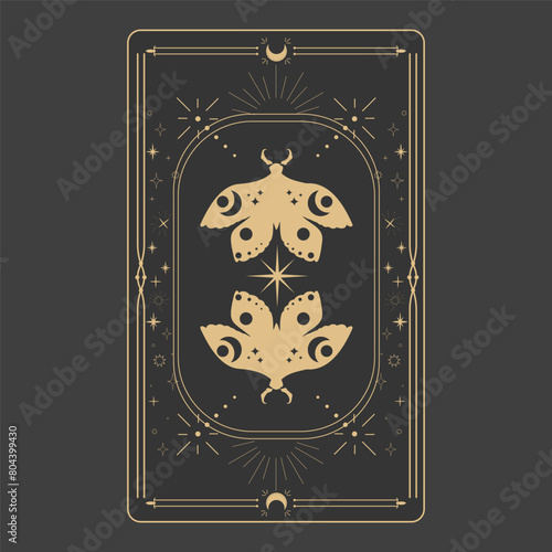 Tarot reverce border magic sacred cover card frame gold line border celelstial mystery esoteric decoration with moth stars and moon on dark background.
