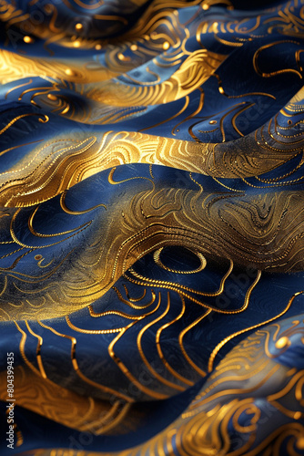 An elegant interaction of gold and midnight blue waves, merging in a luxurious dance that resembles the refined patterns of an ancient tapestry.