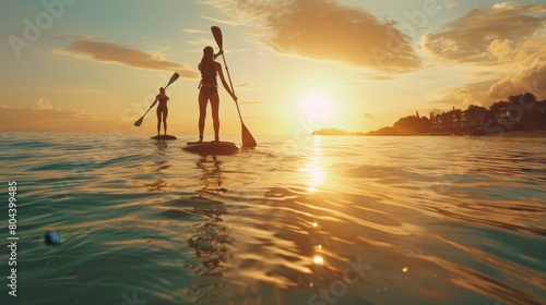 Exciting water adventures. sailing, kayaking, paddleboarding and more water sports for sale. Sunset © Yevhen