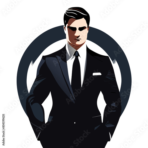 Radiating confidence, a sharp businessman in a classic black suit commands attention with a poised frontal pose. Embrace the essence of professionalism, leadership, success, and style