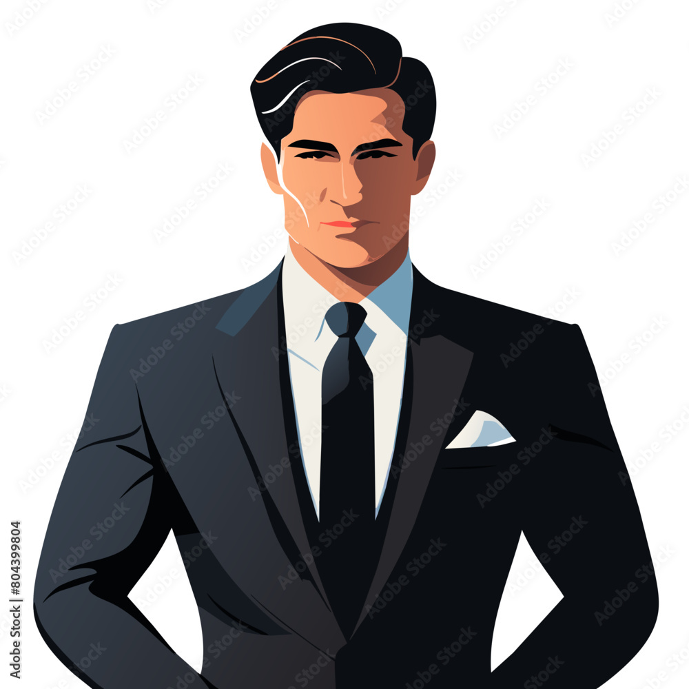 Radiating confidence, a sharp businessman in a classic black suit commands attention with a poised frontal pose. Embrace the essence of professionalism, leadership, success, and style Radiating confidence, a sharp businessman in a classic black suit commands attention with a poised frontal pose. Embrace the essence of professionalism, leadership, success, and style
